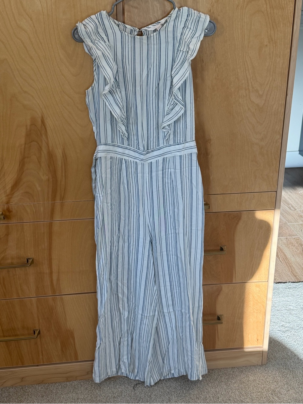 LC Lauren Conrad White and Navy Striped Ruffle-Sleeve Jumpsuit